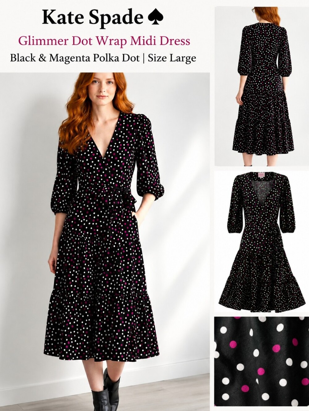 Kate Spade Glimmer Dot Wrap Midi Dress Black Magenta Polka Dot | Size Large |